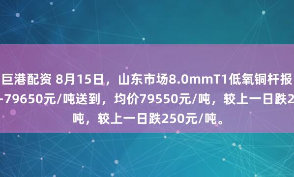 巨港配资 8月15日，山东市场8.0mmT1低氧铜杆报价79450-79650元/吨送到，均价79550元/吨，较上一日跌250元/吨。